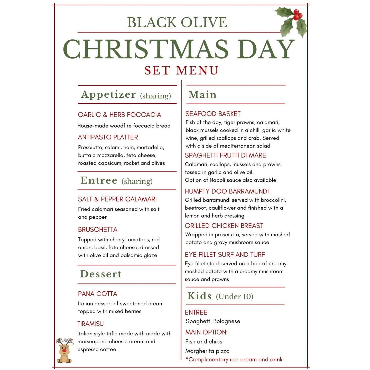 Celebrate Christmas at Black Olive on Black Rock 🎄 

This festive season, we&rsquo;re offering a specially crafted set menu option for both lunch and dinner, designed to make your Christmas celebration truly memorable. Choose from two seating option