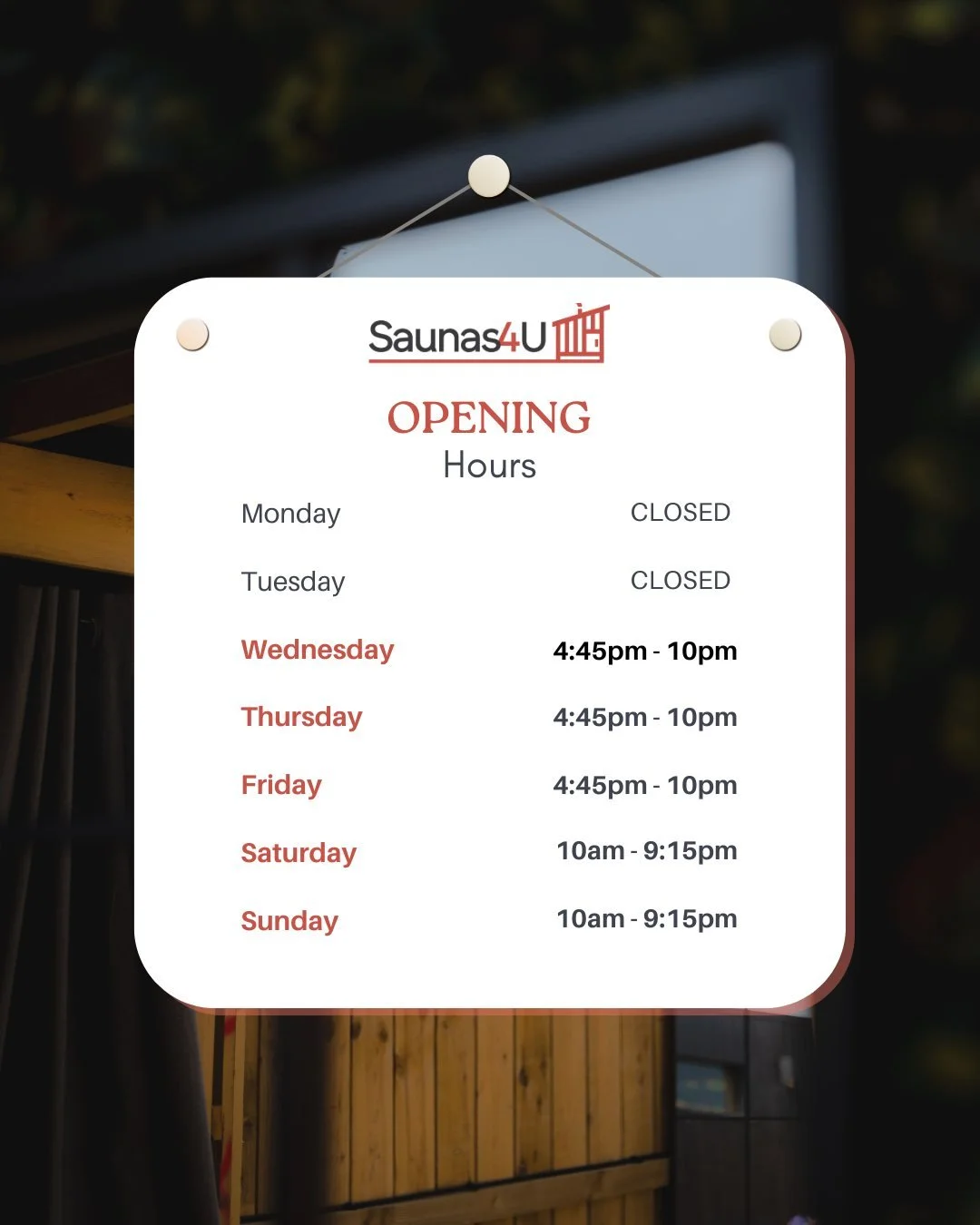 If you&rsquo;re looking for an excuse to relax&hellip; this is it 😌🔥
🕒 Open Wednesday to Sunday - we&rsquo;re here for your midweek rest and weekend reset 🧖&zwj;♂️

#Saunas4u #SaunaTime #SelfCare #HeatAndRelax