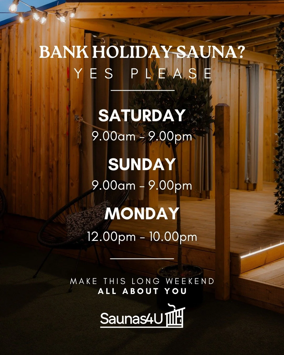 🔔 Bank Holiday Opening Hours 🔔

Head into the weekend feeling refreshed 🧖&zwj;♂️✨
Or sweat the Bank Holiday sins out 🔥😅

👉 Book your session now - slots won&rsquo;t last long.

#Saunas4U #SaunaSession #BankHolidayReset