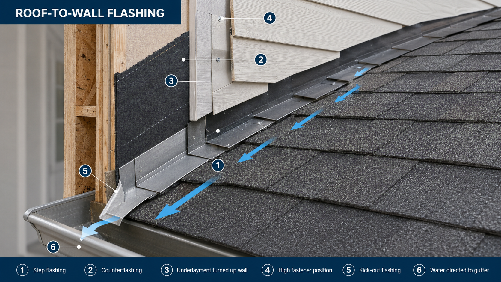 Correct roof-to-wall flashing directing rainwater into the gutter.