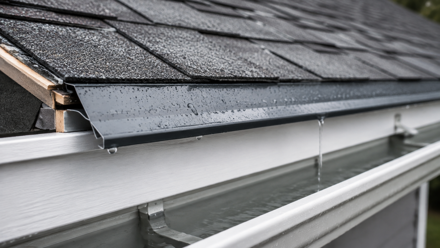 Close-up of metal roof drip-edge flashing directing rainwater into the gutter.
