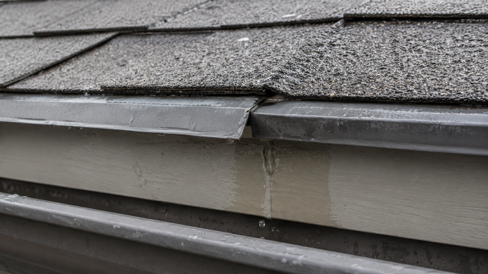 Improperly overlapped roof drip edge allowing water to leak behind the flashing.