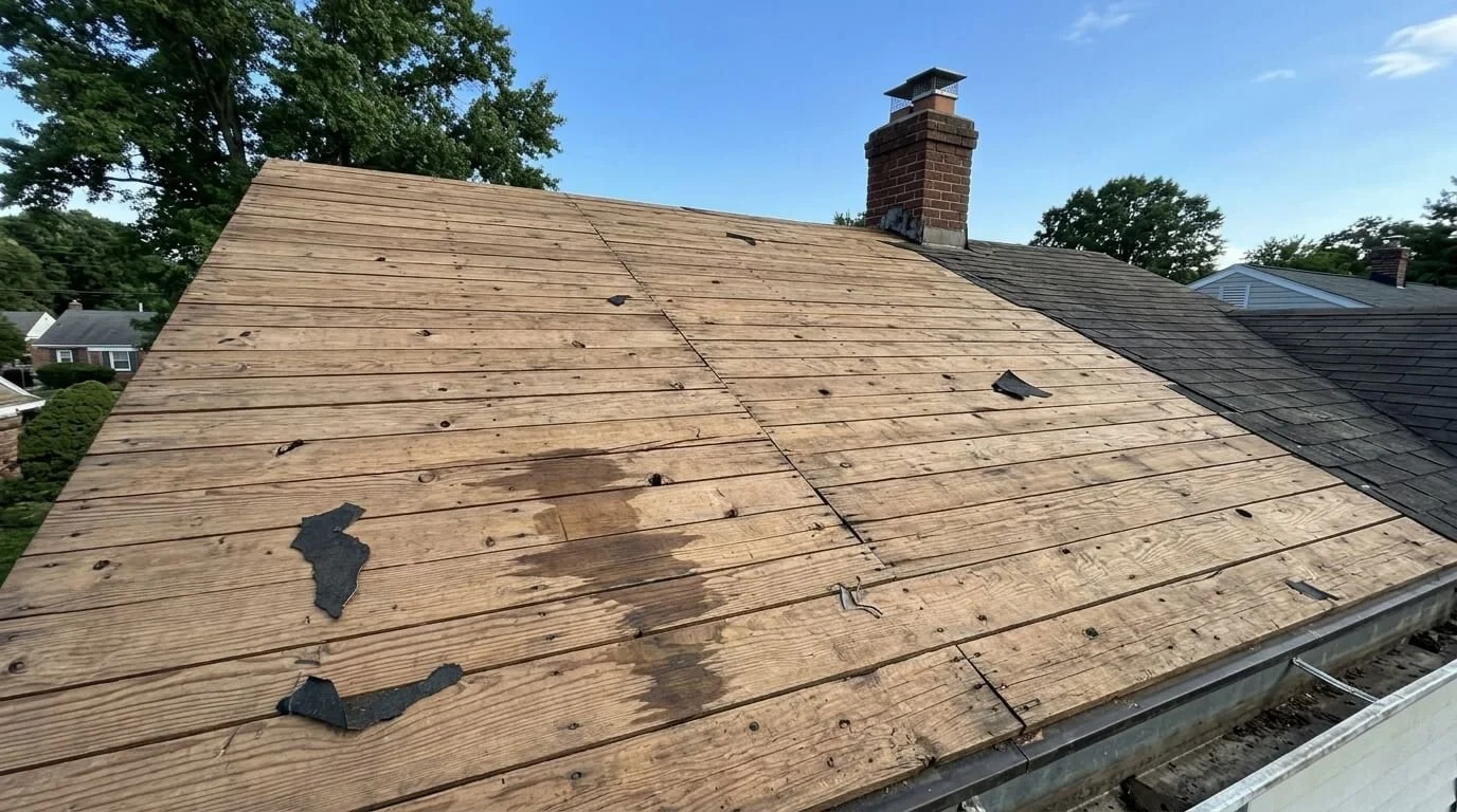 Old wood plank roof decking exposed during a roof tear-off on an older Maryland home.