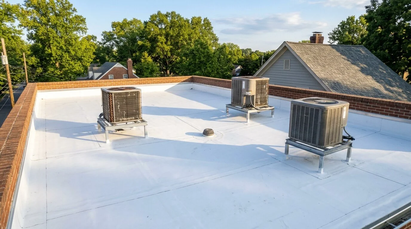 White membrane flat roof with a brick parapet, roof drain and rooftop air conditioners on a Maryland townhome.