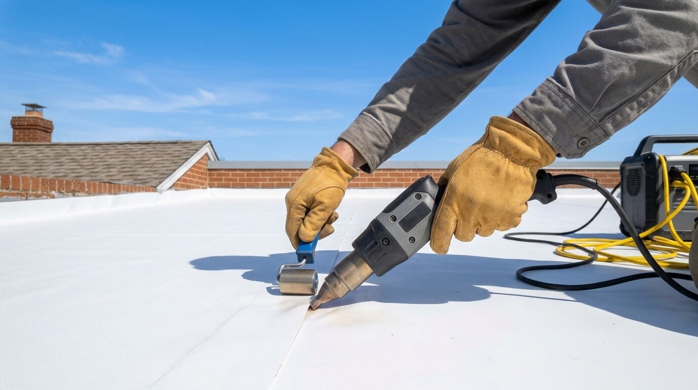 Roofer’s gloved hands using a hot-air welder to seal a seam on a white flat roof membrane in Maryland.