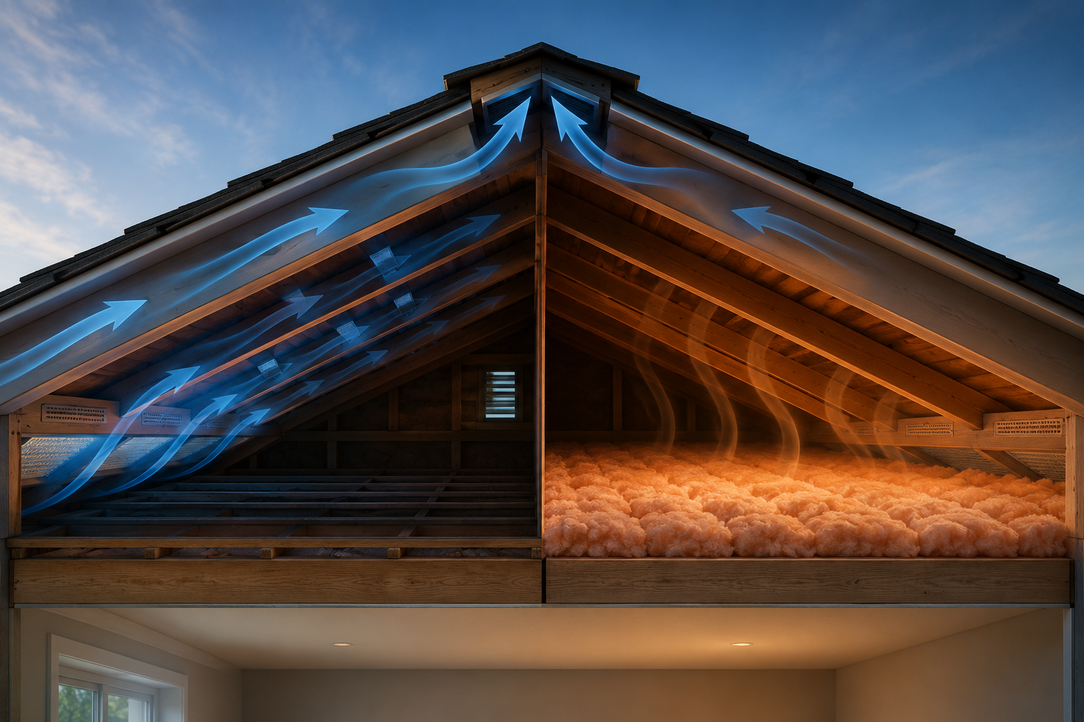 Cutaway of an attic showing roof ventilation airflow and insulation working together to regulate heat and moisture.