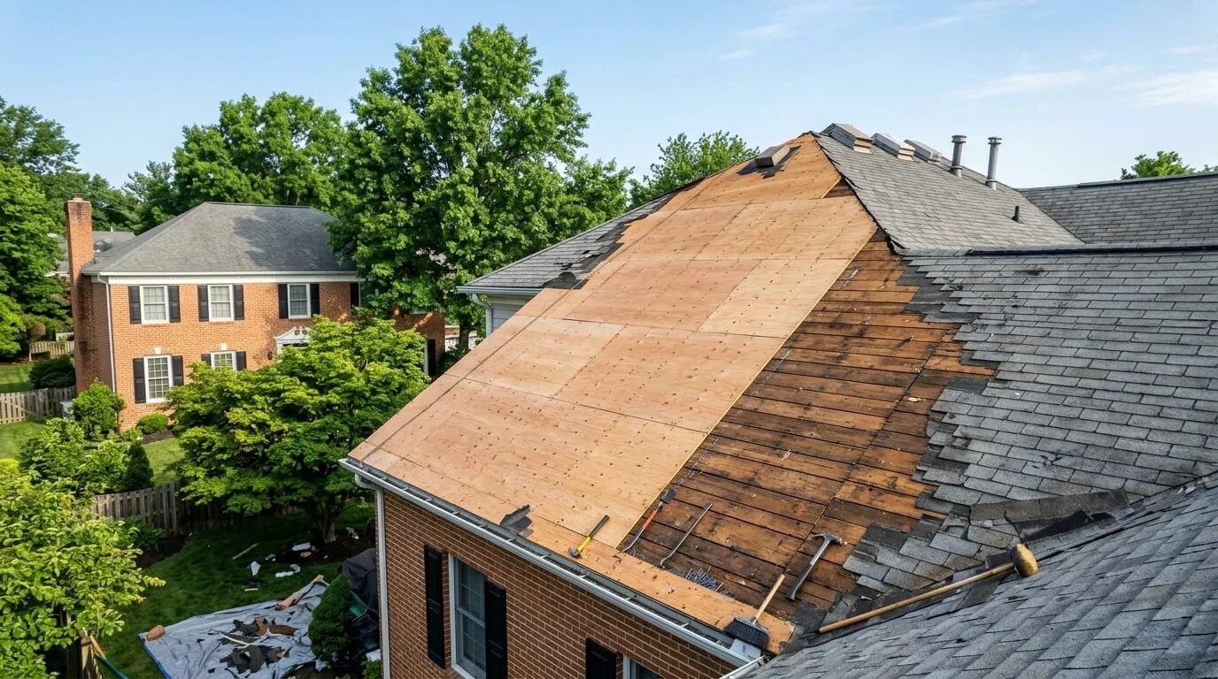 Roof replacement on a Maryland brick home with old shingles removed, showing the plywood and plank roof decking underneath.