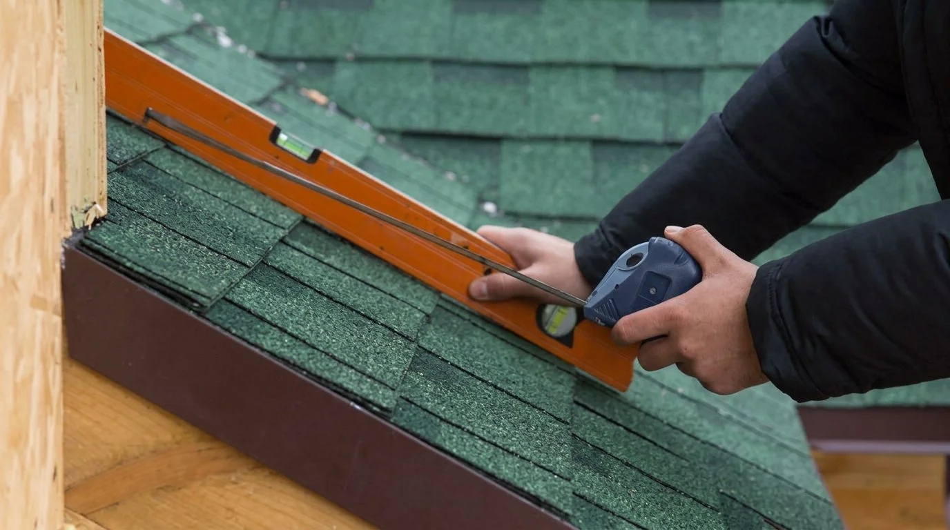 Maryland roofer using bubble leveler and measuring tape