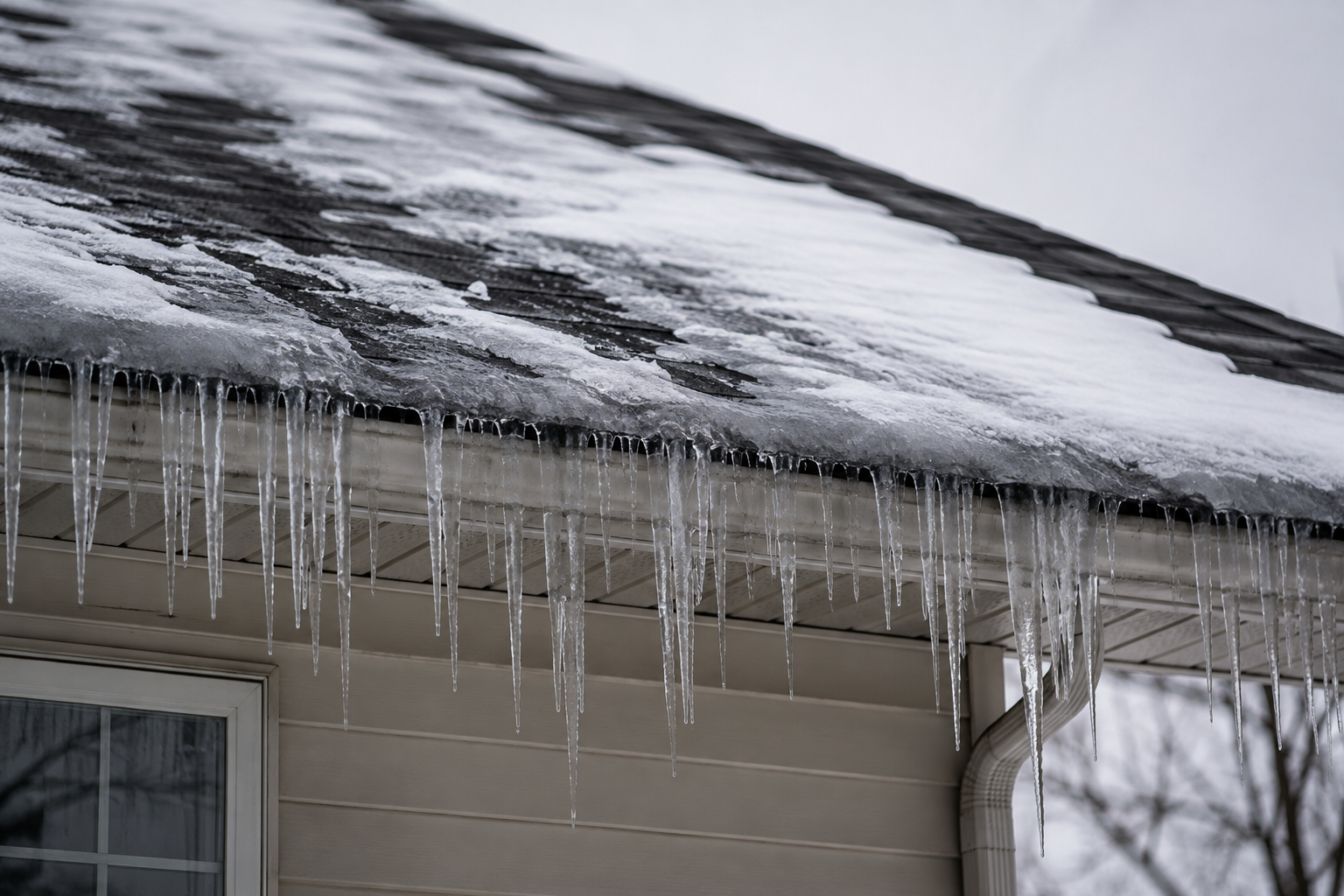 Winter ice dam buildup along the edge of a roof caused by inadequate attic ventilation.