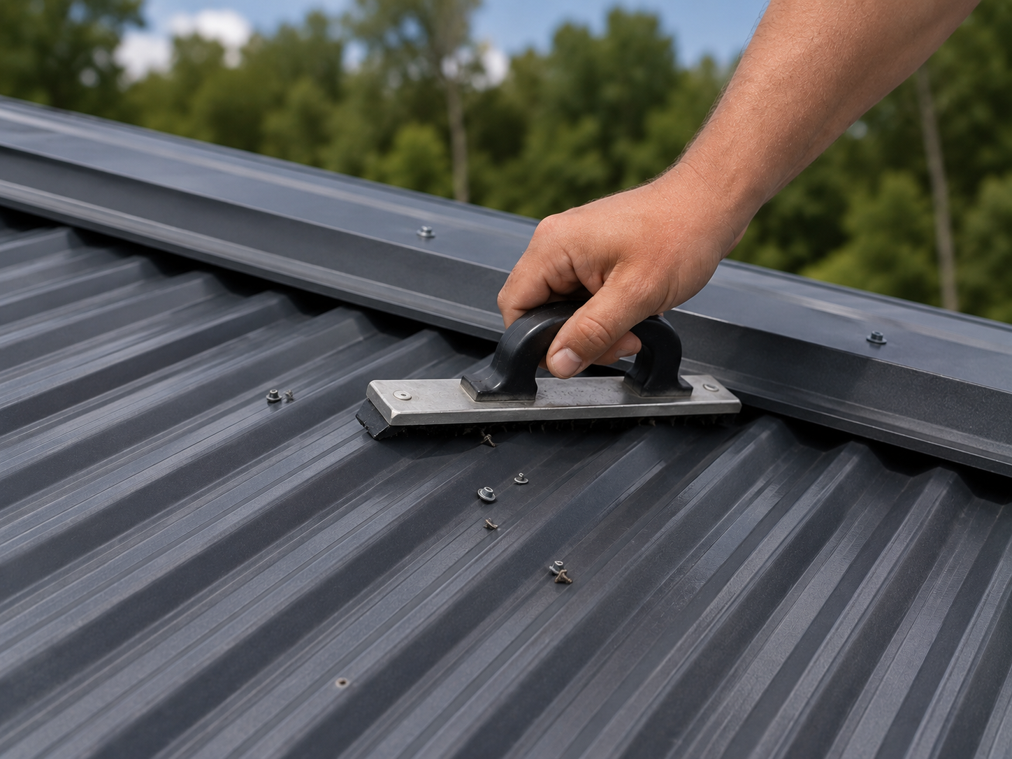 Final roofing clean-up using a magnetic nail collection tool on a residential metal roof.