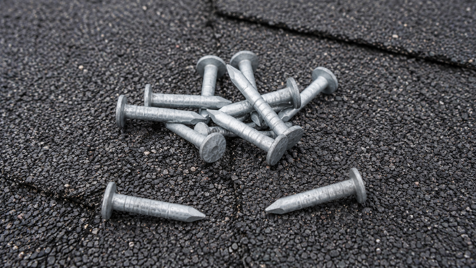 Close-up of 1¼-inch galvanized roofing nails on asphalt shingles.