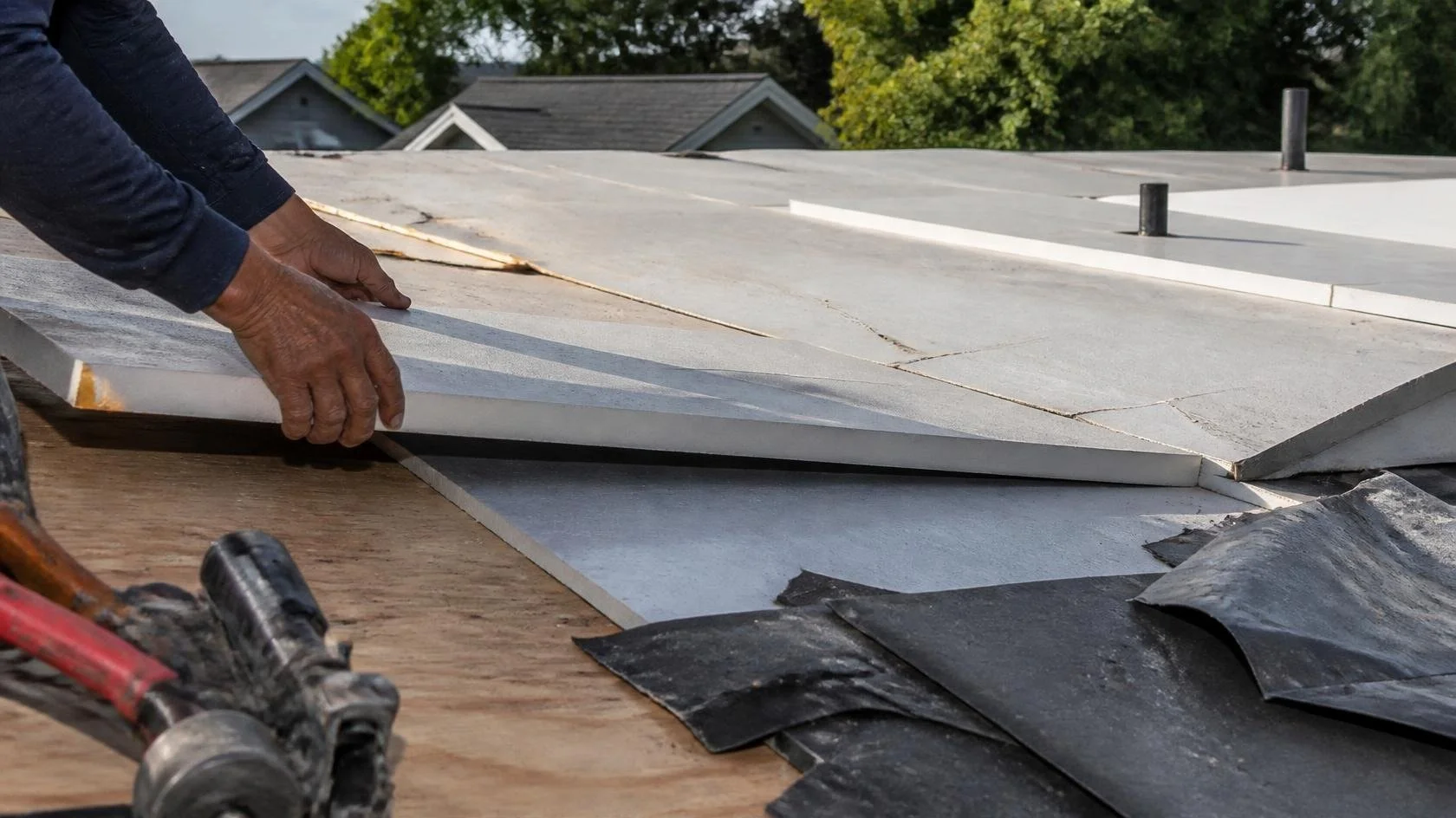 Tapered insulation boards being installed on a low-slope roof to build up pitch before a metal roof install in Maryland.