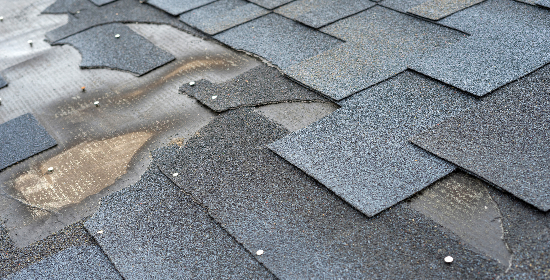 Documented storm damage on residential roof with shingles removed for insurance claim.