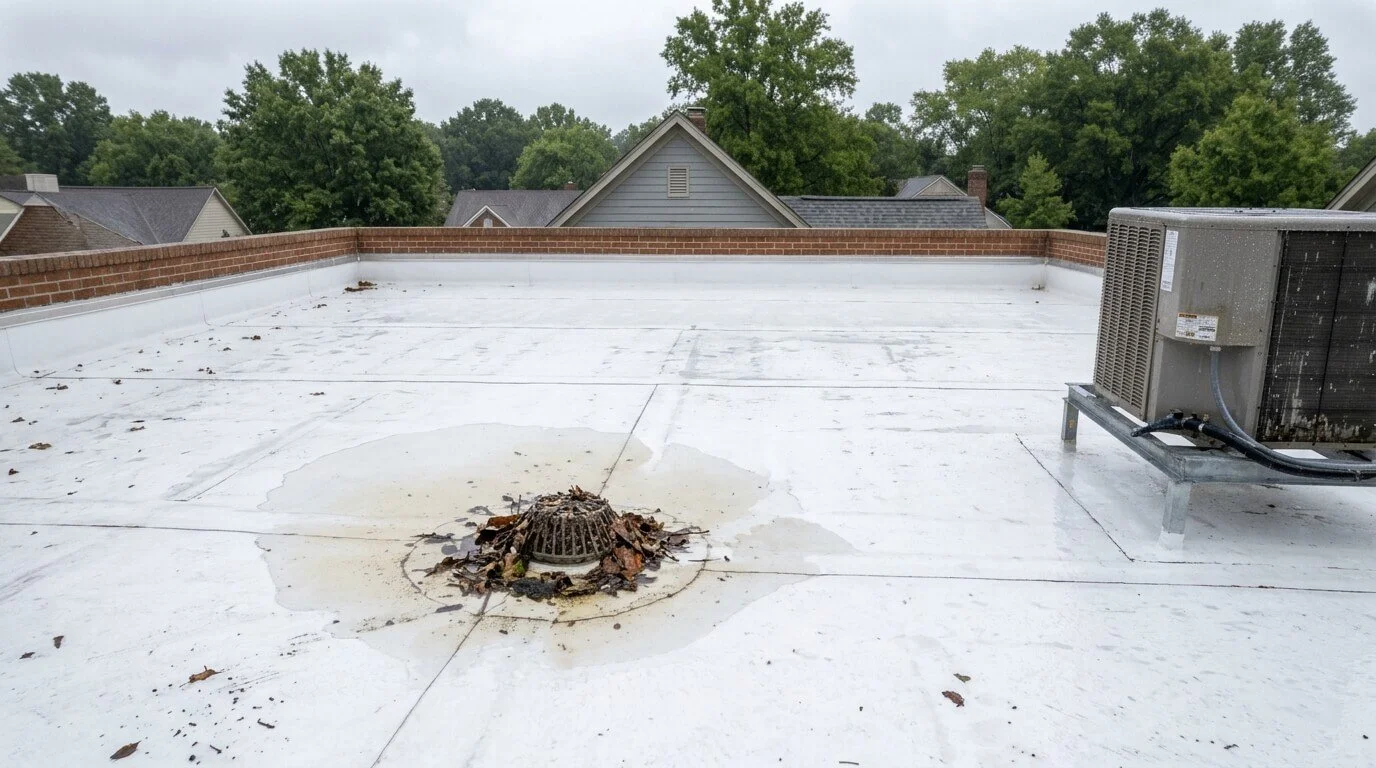 Standing water pooled around a clogged roof drain on a flat roof after rain in Maryland.