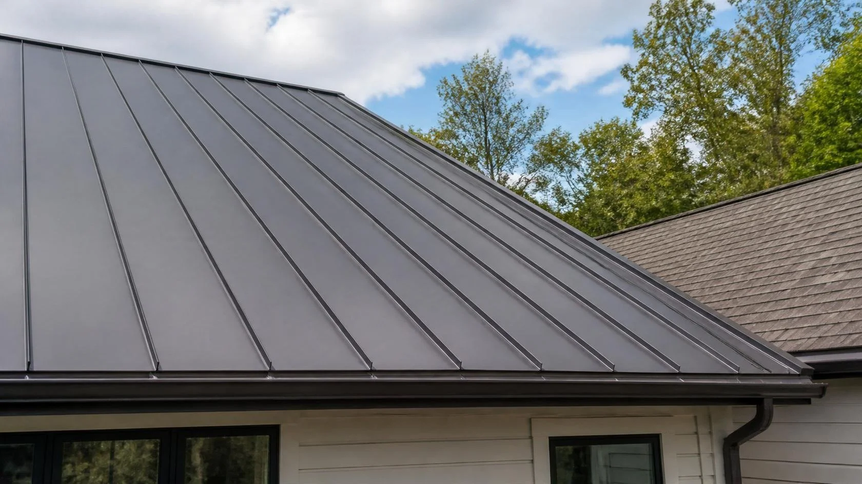 A standing seam metal roof on a sloped home in Maryland.