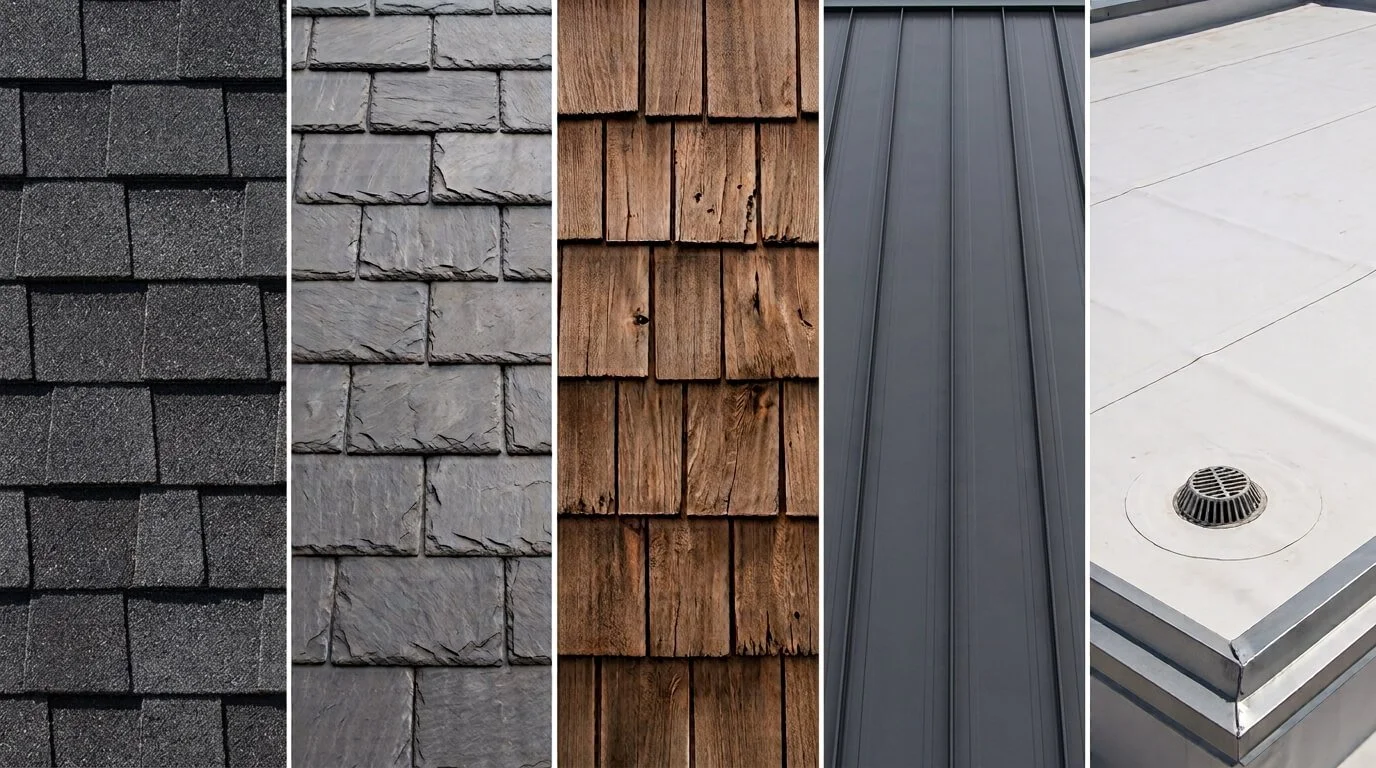 Close-up of five roofing materials side by side: asphalt shingles, slate, cedar shake, standing seam metal, and a flat TPO roof.