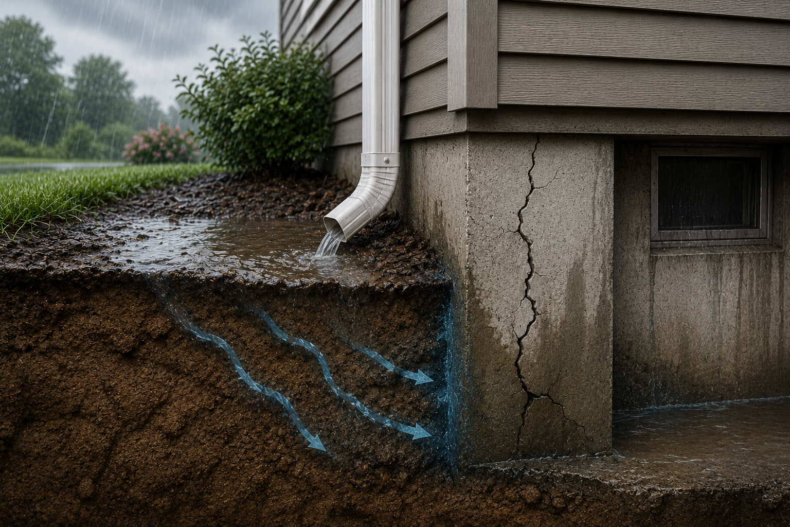 Rainwater pooling near a home’s foundation, causing soil saturation and foundation cracks.
