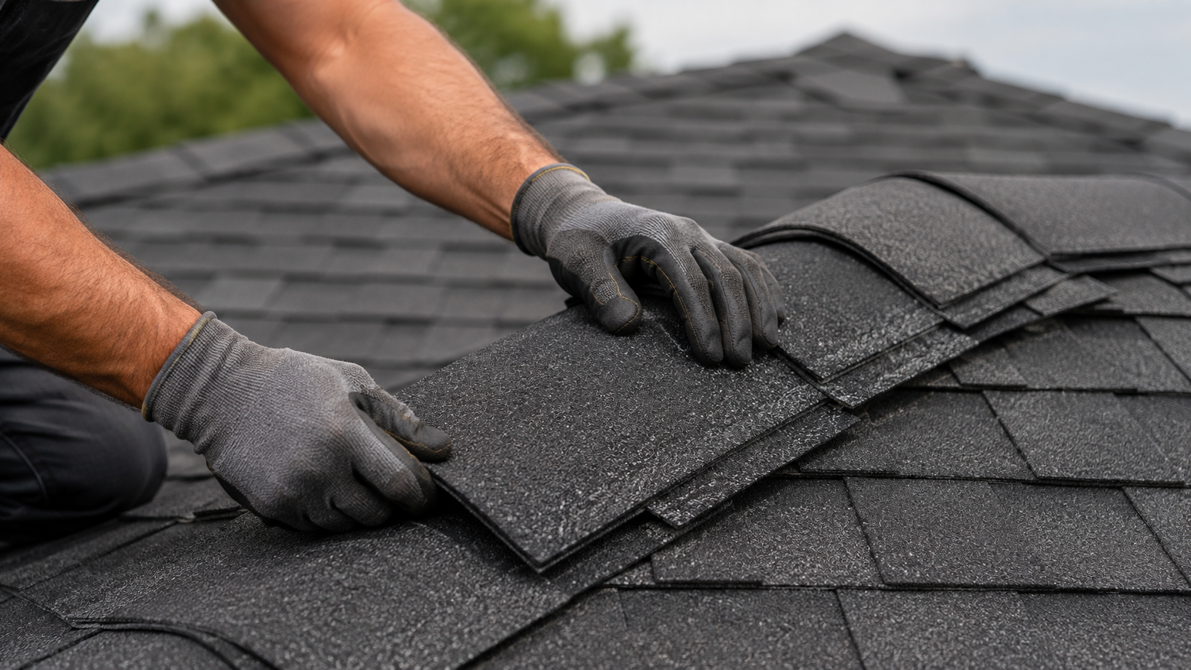 Professional roofer aligning ridge-cap shingles to protect and finish an asphalt roof ridge.