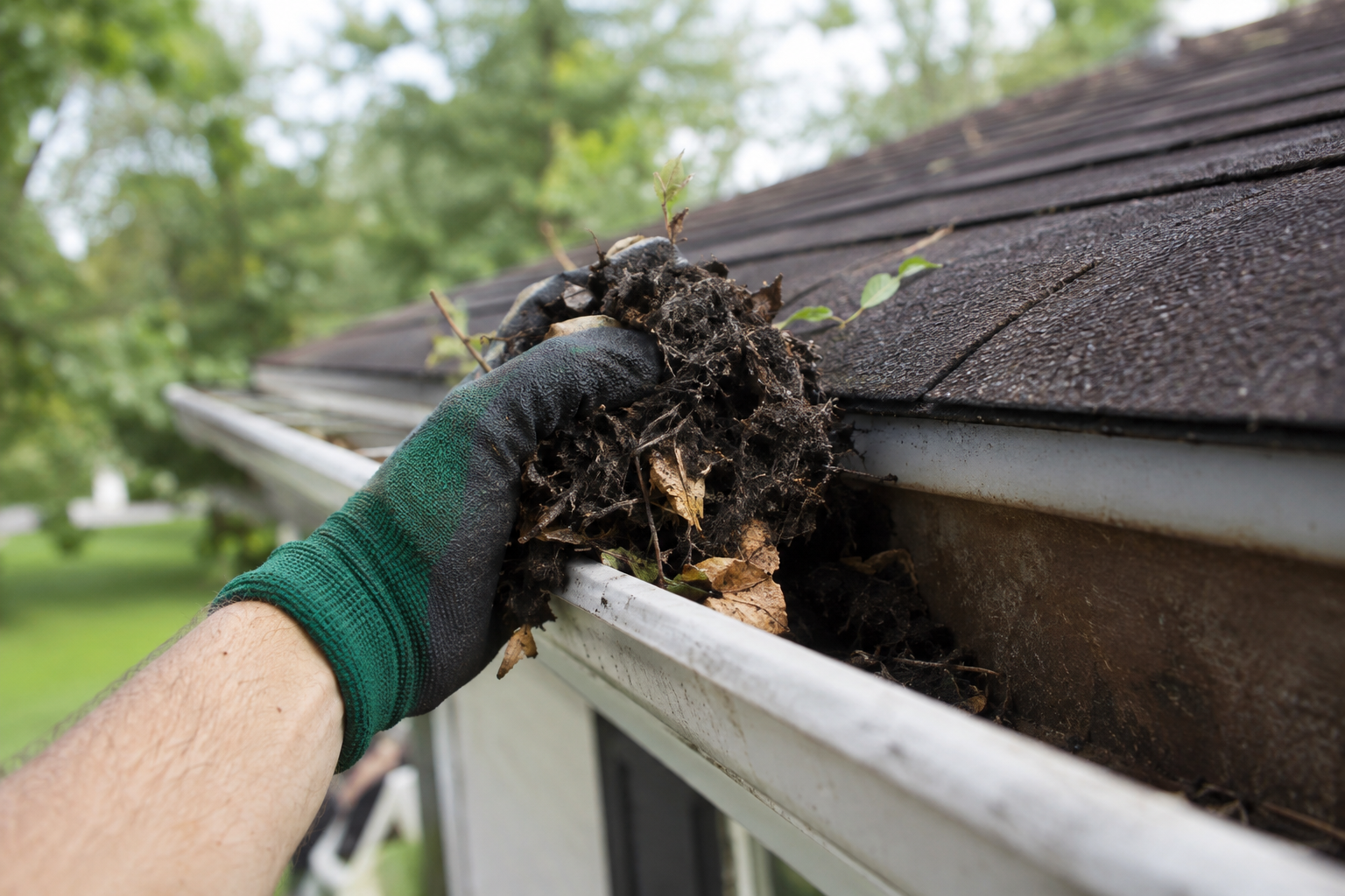 Cleaning debris from a roof gutter.
