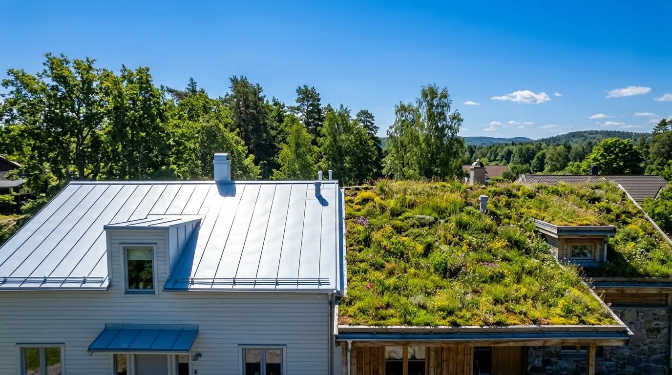 Light colored cool roof next to a green roof covered in plants on a sunny day in Maryland.