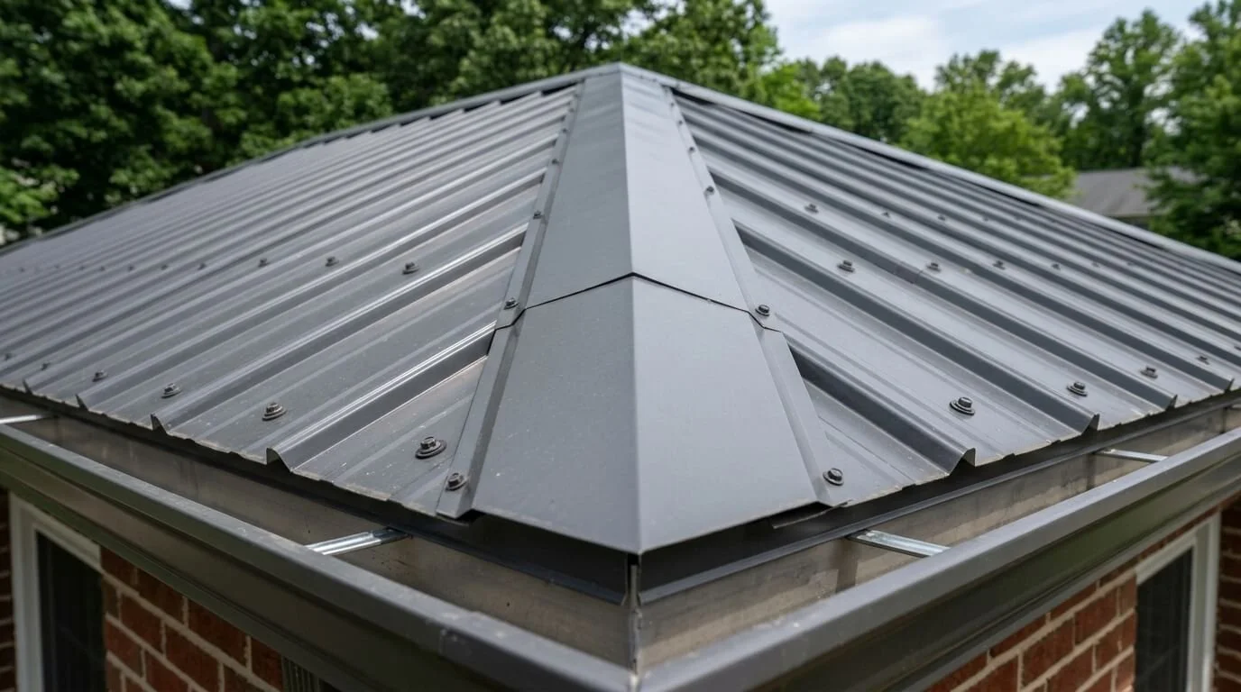 Close-up of a gray screw-down metal roof with exposed screws and rubber washers on a Maryland home.