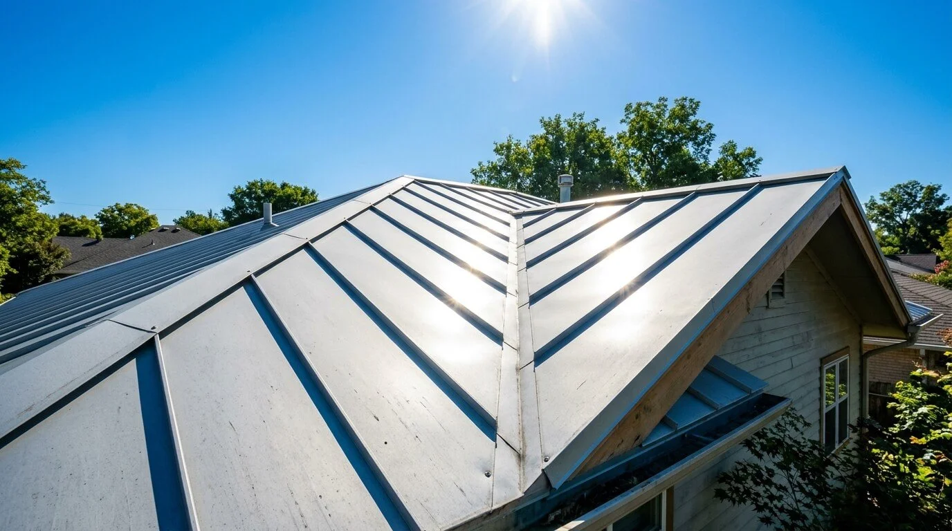 Light colored metal roof reflecting bright sunlight on a Maryland home.