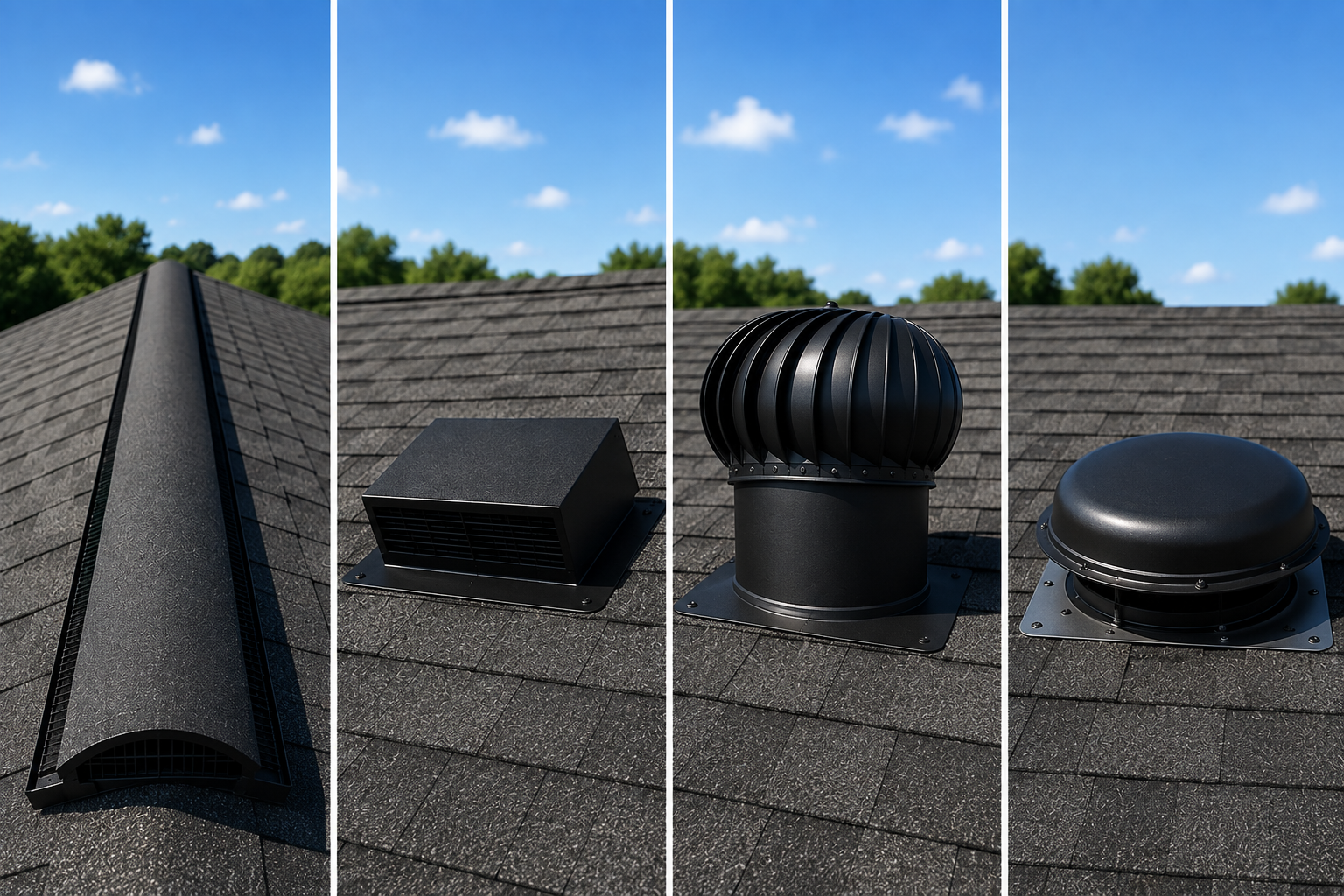 Side-by-side comparison of ridge vents, box vents, turbine vents, and attic fans installed on asphalt shingle roofs.