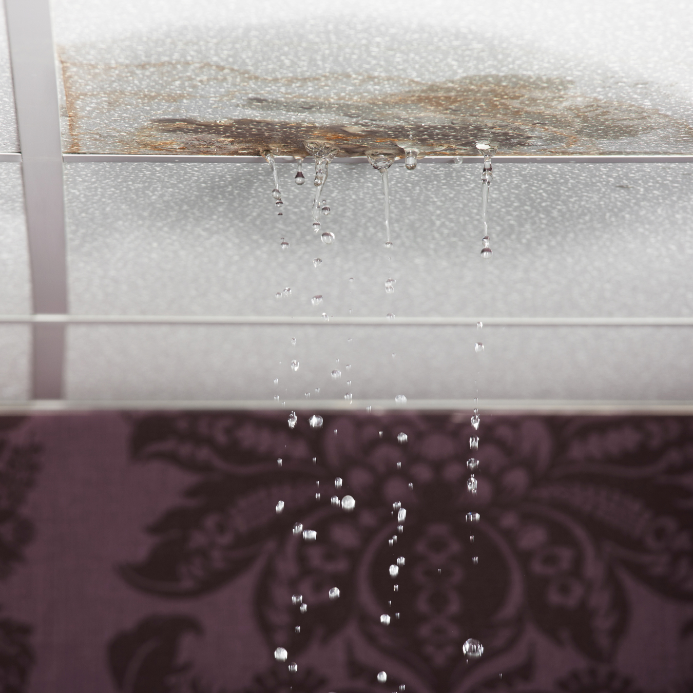 Water damage signs on interior ceiling and walls