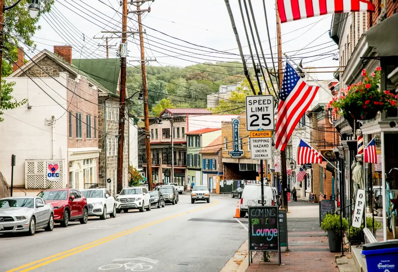 A street with buildings of Antique shops in Old Ellicott City