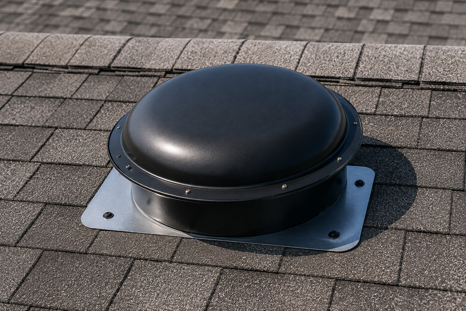 Close-up of an attic fan installed on an asphalt shingle roof.