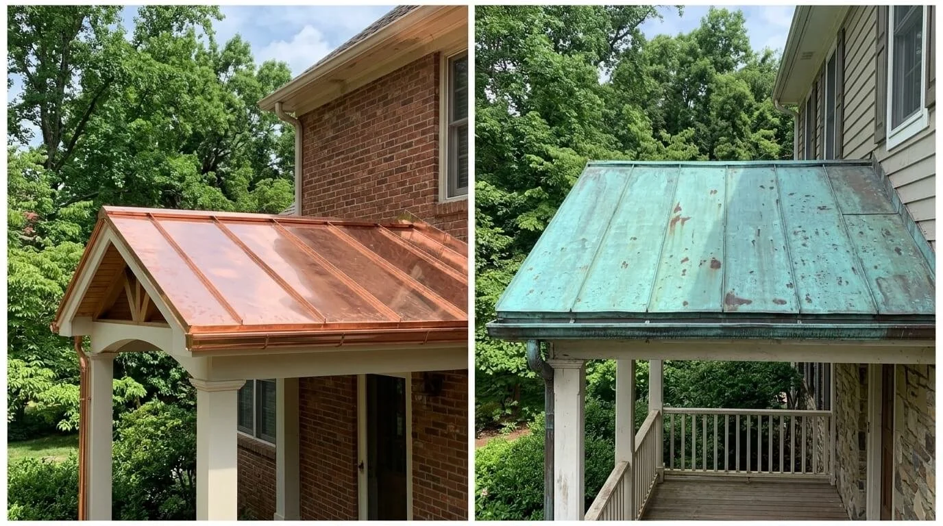 New shiny copper porch roof next to an older copper porch roof with a green patina on Maryland homes.