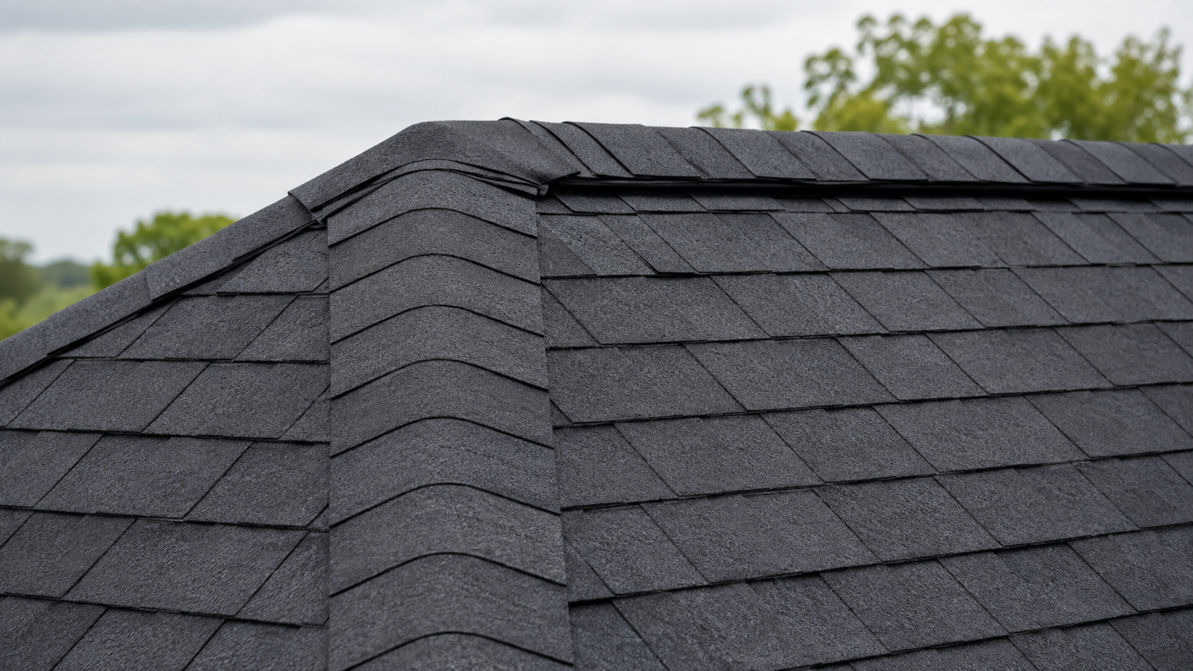Properly aligned ridge-cap shingles protecting the hip and peak of a shingle roof.