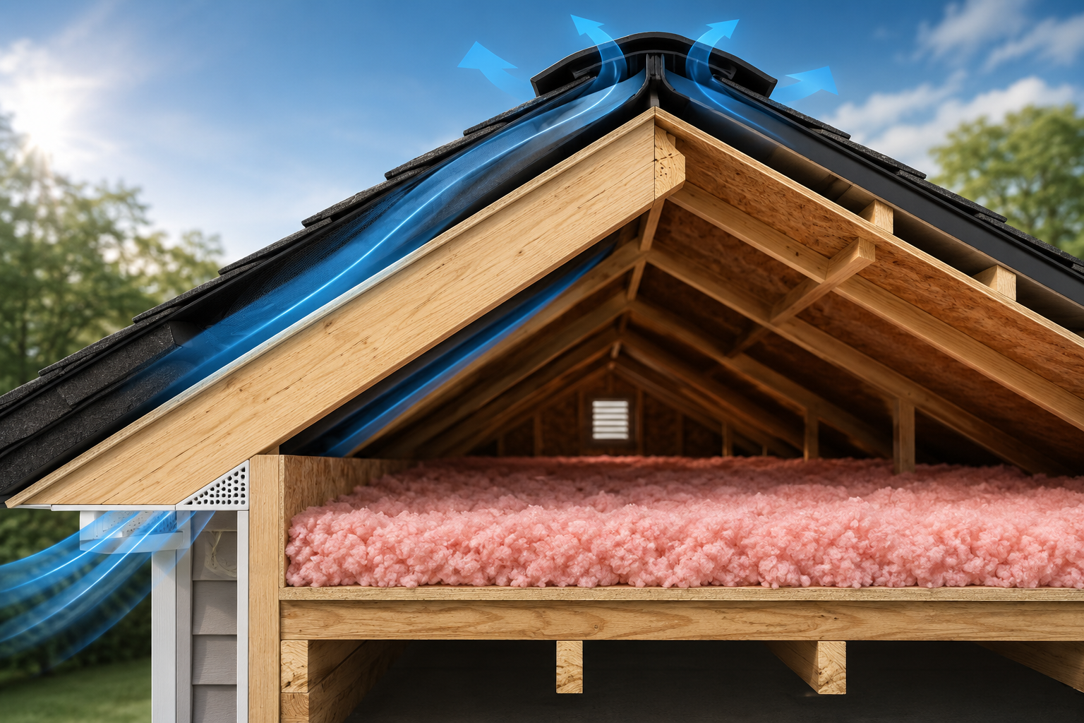 Roof attic showing proper ventilation airflow and insulation beneath the roof deck.