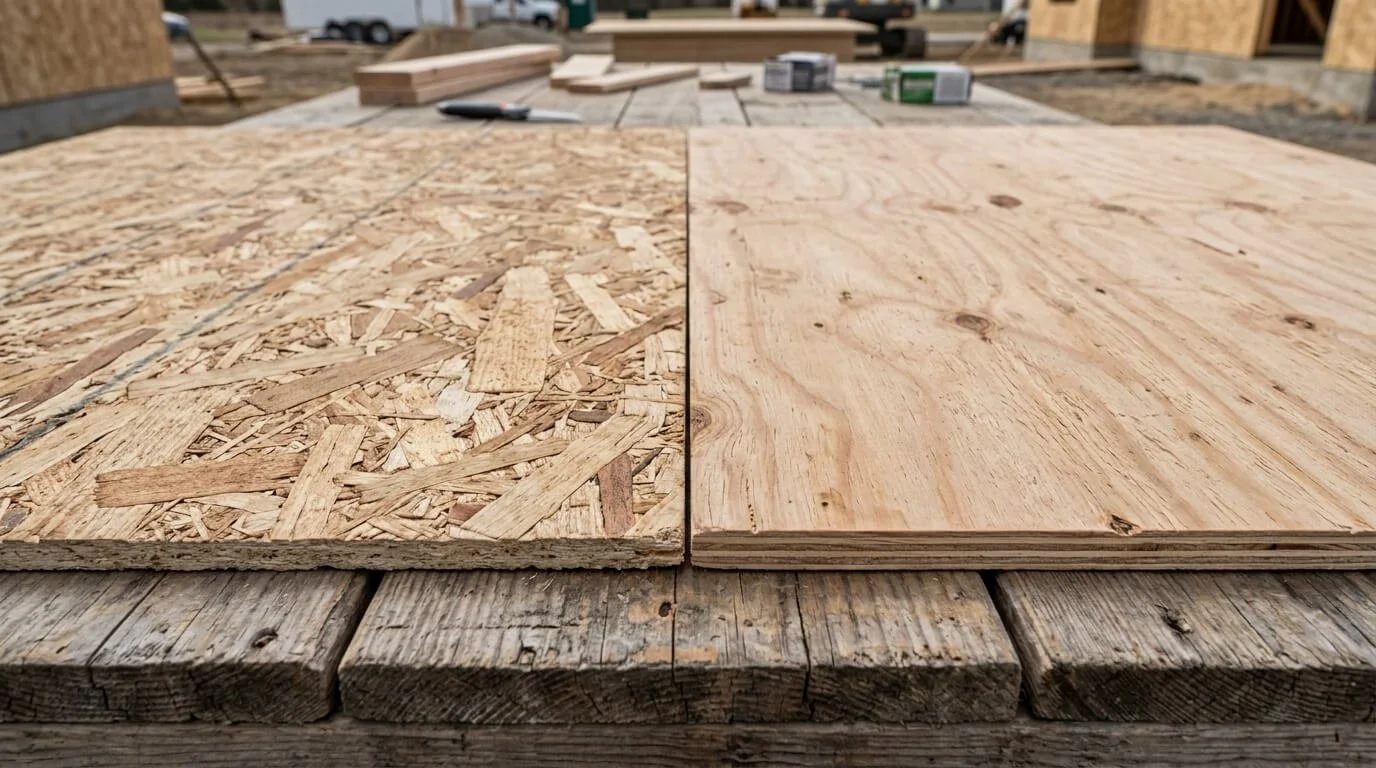 A sheet of OSB next to a sheet of plywood, the two most common types of roof decking used on Maryland homes.