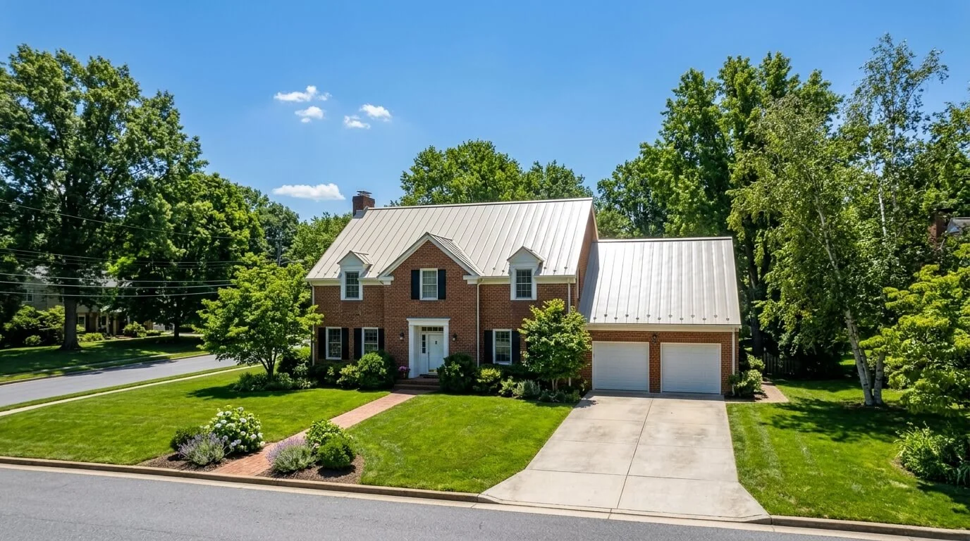 Brick home with a light colored roof on a sunny summer day in Maryland.