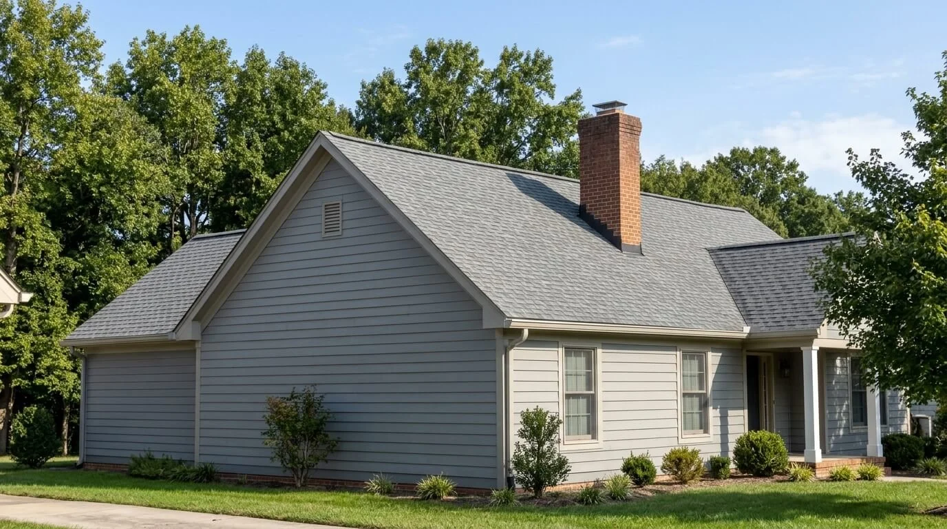 Maryland home with a sloped gabled roof covered in gray asphalt shingles and a brick chimney.