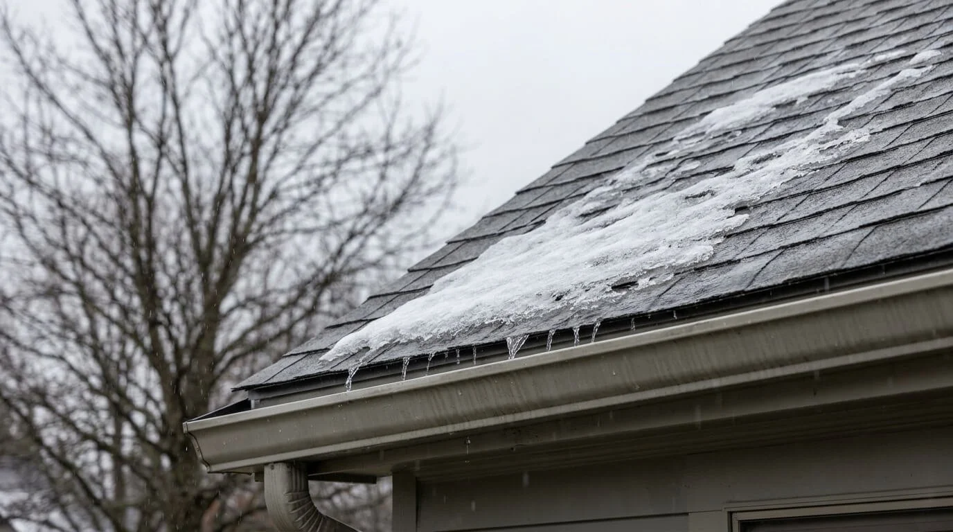 Rain and melting snow running off a sloped asphalt shingle roof into a metal gutter.