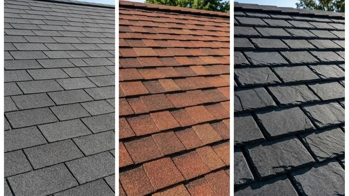 Flat 3-tab, textured architectural, and slate-style luxury shingles side by side, showing how each style changes the look of a roof.