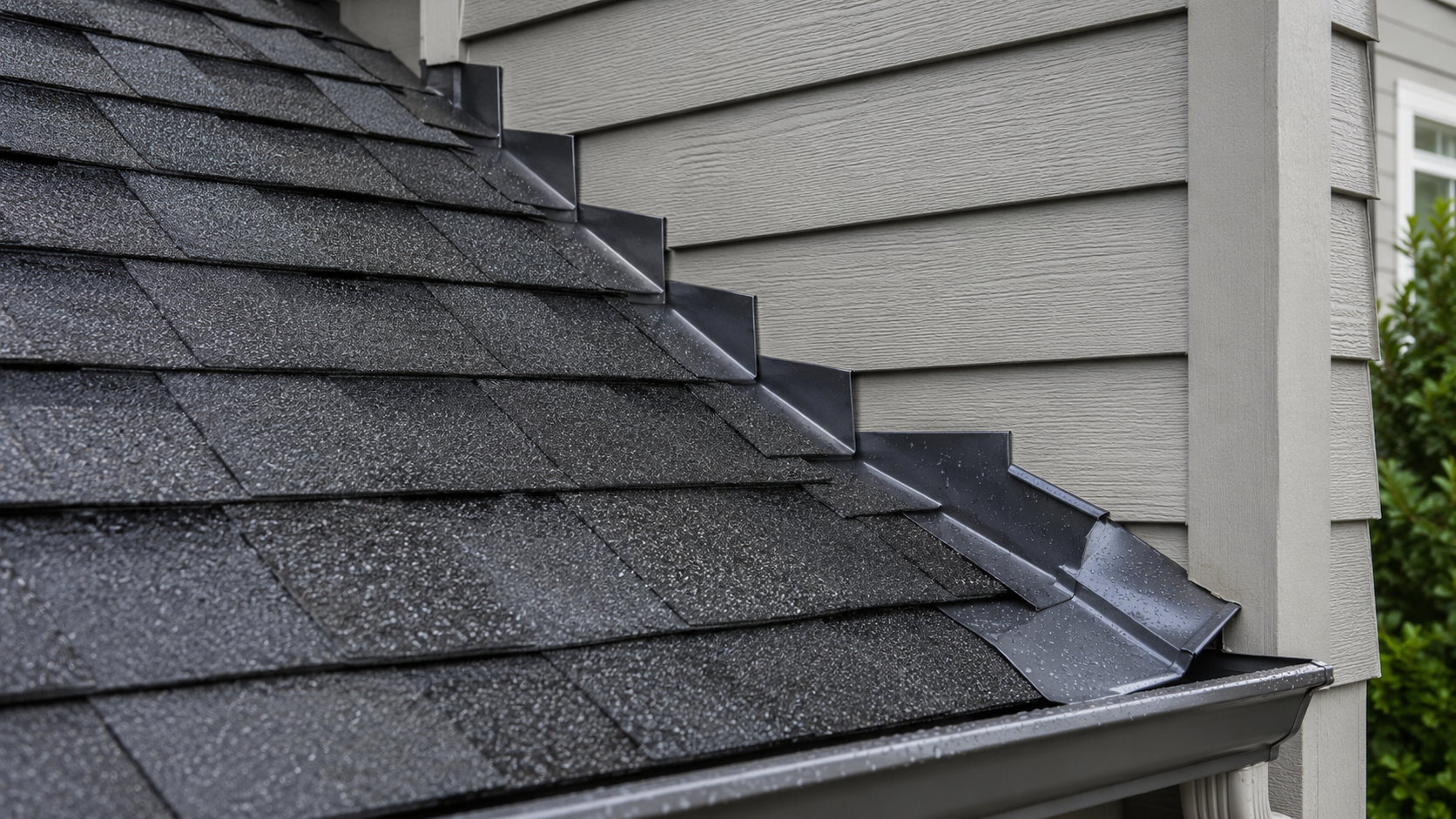 Close-up of roof flashing being installed between shingles and exterior wall cladding.