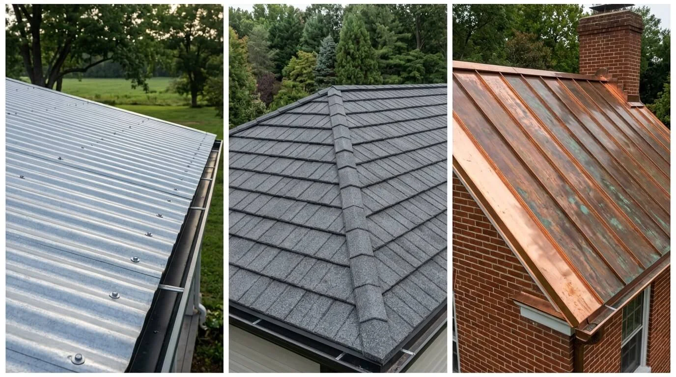 Three metal roof types on Maryland homes: corrugated metal, stone-coated steel, and copper with patina.