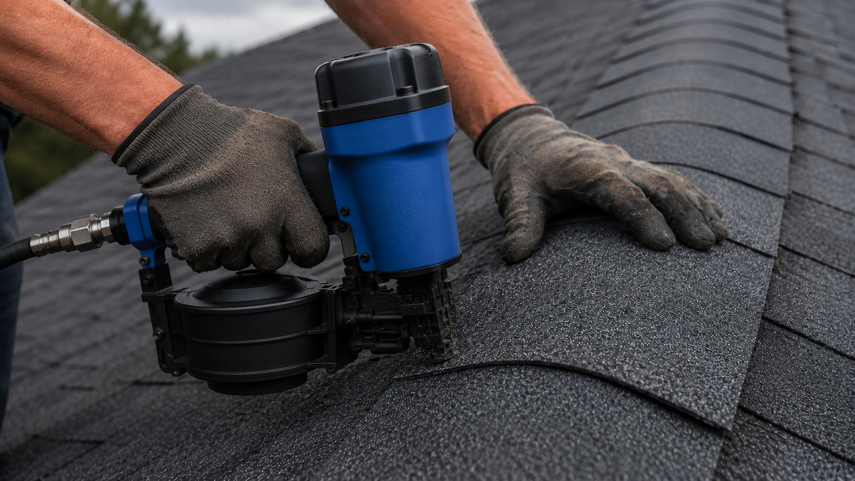 DMV Roofer securely fastening a ridge-cap shingle with a pneumatic nail gun.