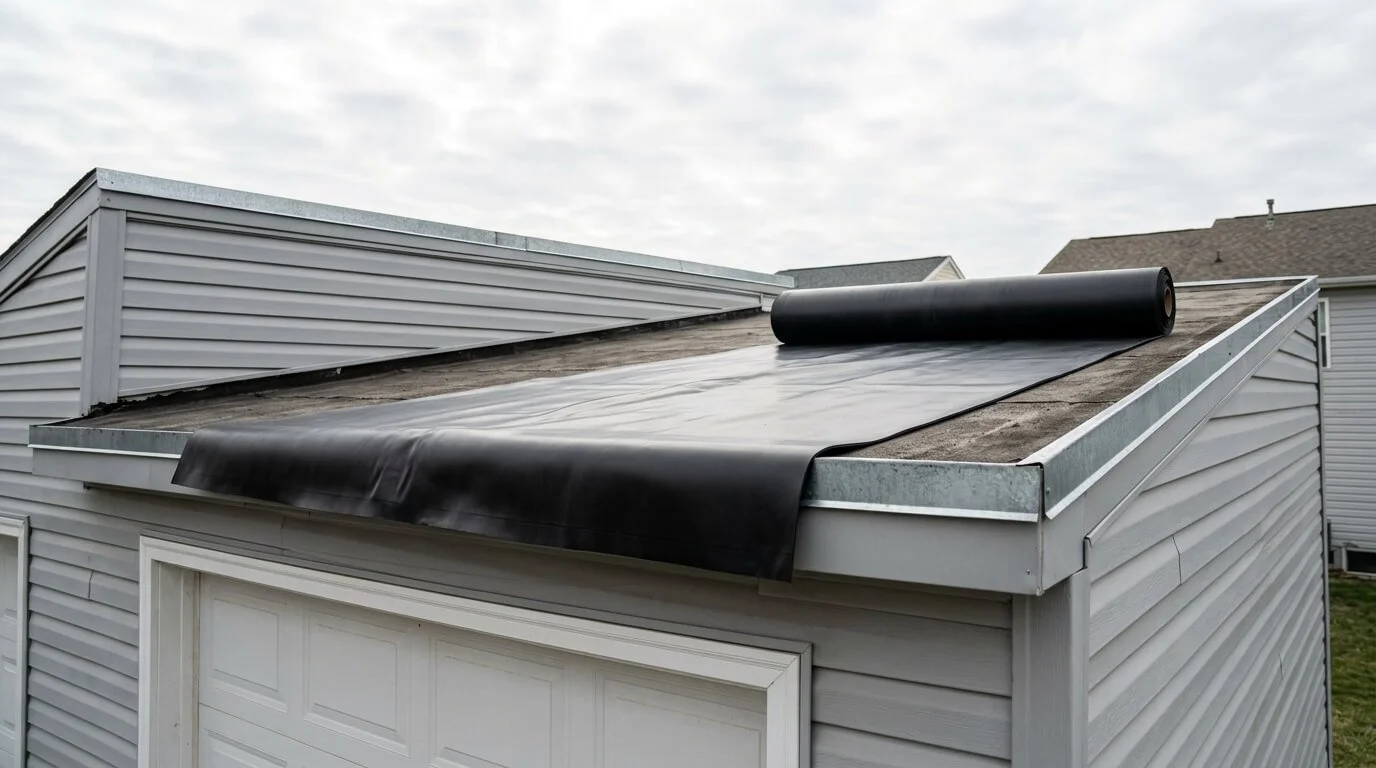 Black EPDM rubber membrane being unrolled over a flat garage roof on a Maryland home.
