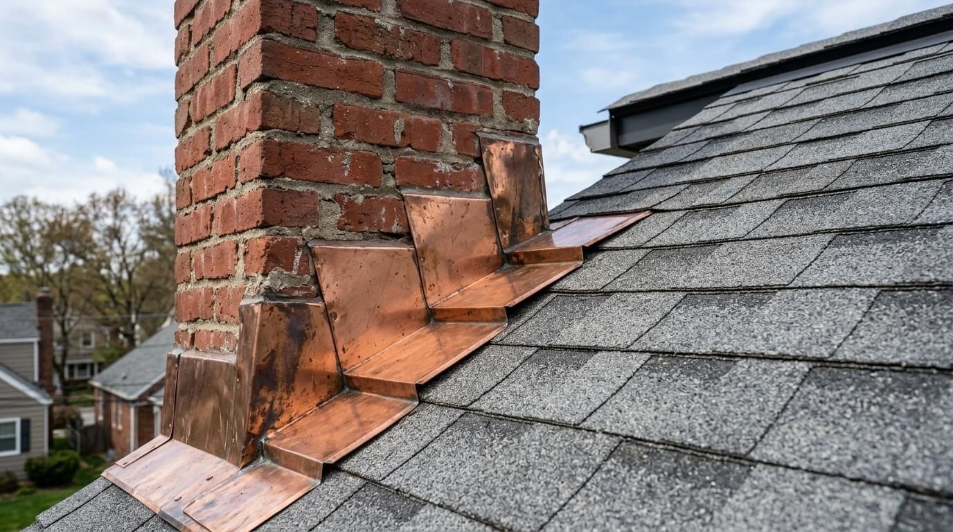 Copper flashing around a brick chimney on a Maryland asphalt shingle roof.