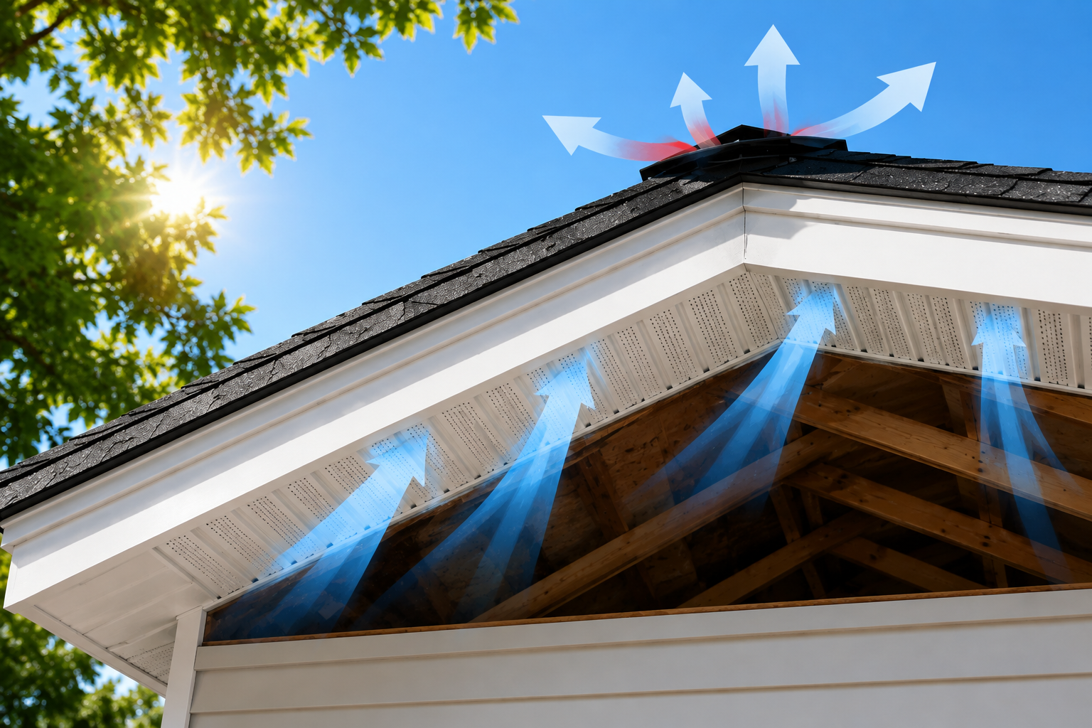 Soffit ventilation showing cool air entering through soffit vents and warm attic air escaping through the roof ridge vent.