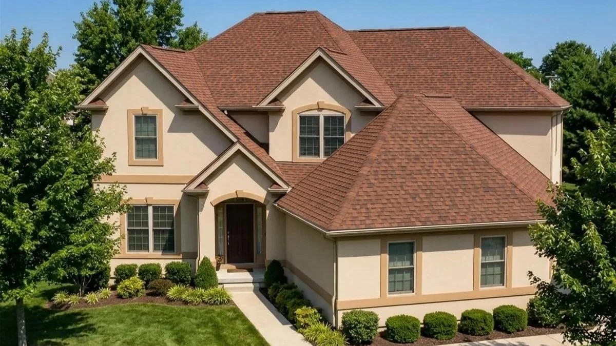 A two-story Maryland home with a clay-red architectural shingle roof, straight ridge lines, and beige stucco walls.