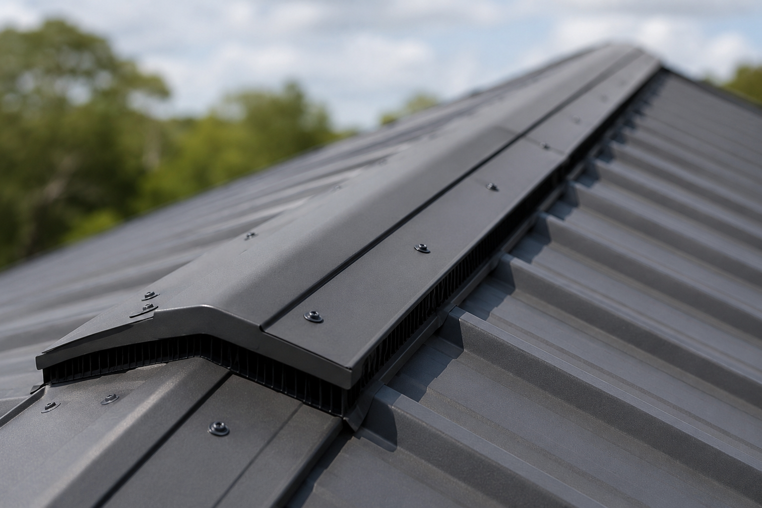 Roof ventilation detail showing a continuous ridge vent beneath a metal ridge cap.