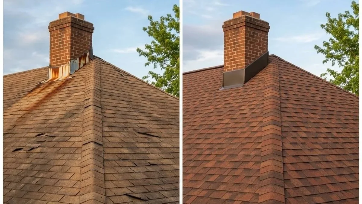 An old roof with lifted shingles and rusted chimney flashing next to a new roof with straight lines and clean flashing.