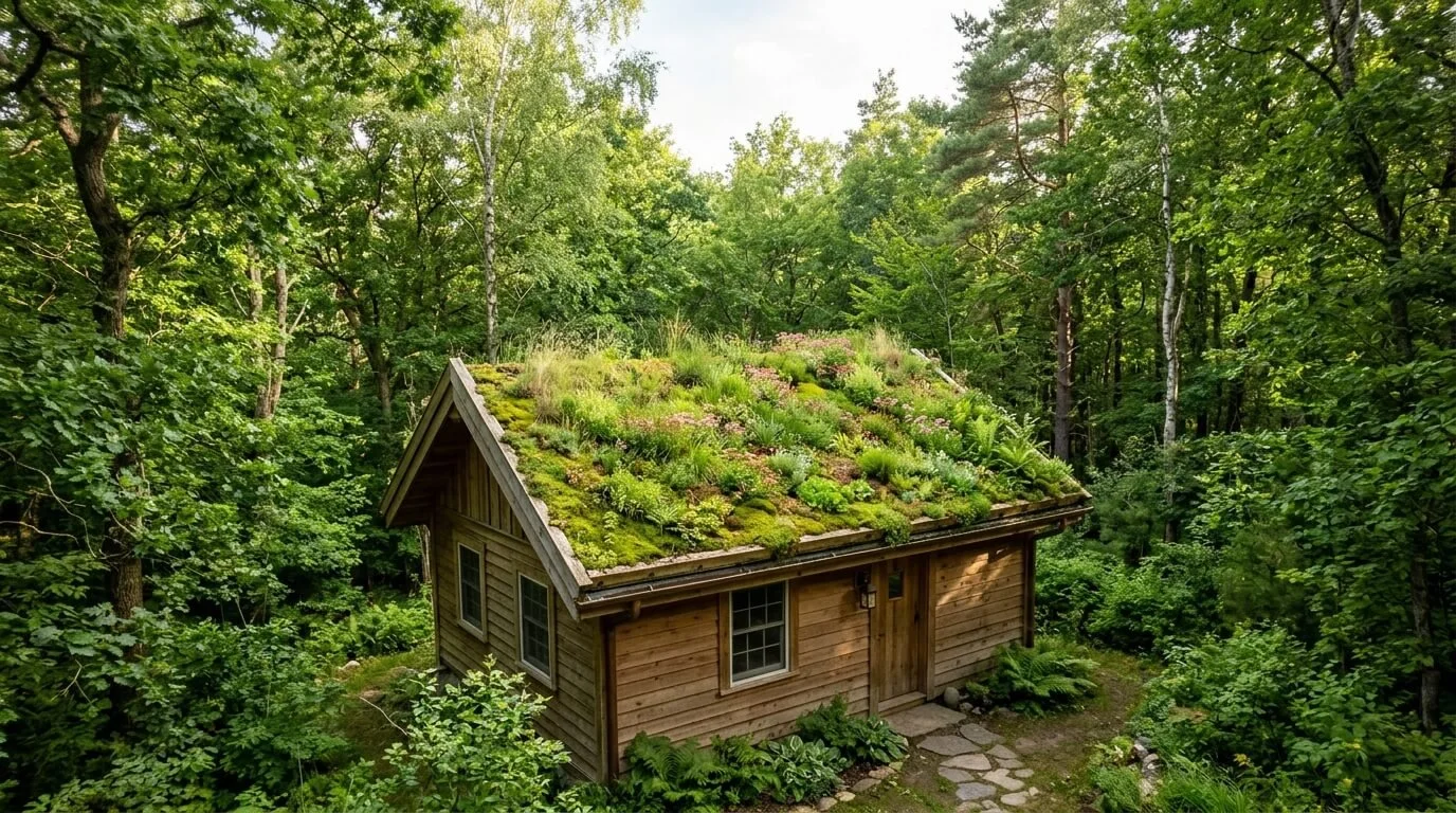 Green roof covered in plants and grass on a small house, a rooftop garden option for Maryland homes.