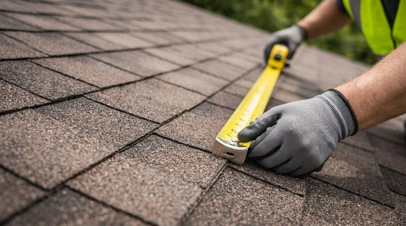 Maryland roofer measuring roof square using a measuring tape