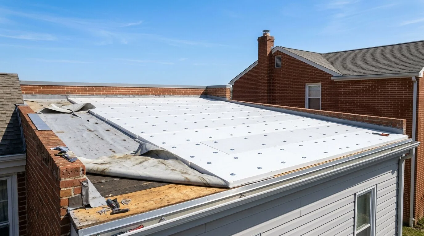 Flat roof replacement in progress on a Maryland home with the old membrane pulled back and new insulation boards laid across the deck.